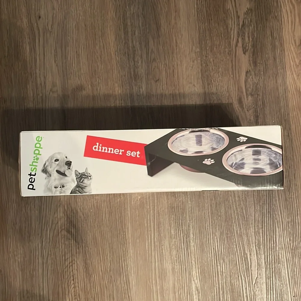 Petshoppe Pet Dinner Set Stainless Steel Bowls Elevated Black Wood Frame Dog Cat